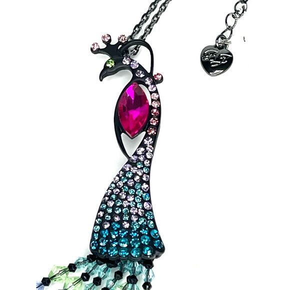 NEW Betsey Johnson PEACOCK BIRD NECKLACE Statement Stone Bejeweled Tassels - Picture 2 of 7